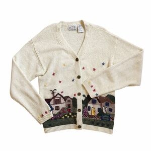 Vintage cottagecore embroidered cottage floral knit cardigan sweater ivory